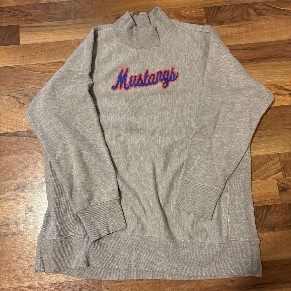 Mustang Graphic Print Vintage Reverse Weave Grey Turtleneck Sweater Size XXL